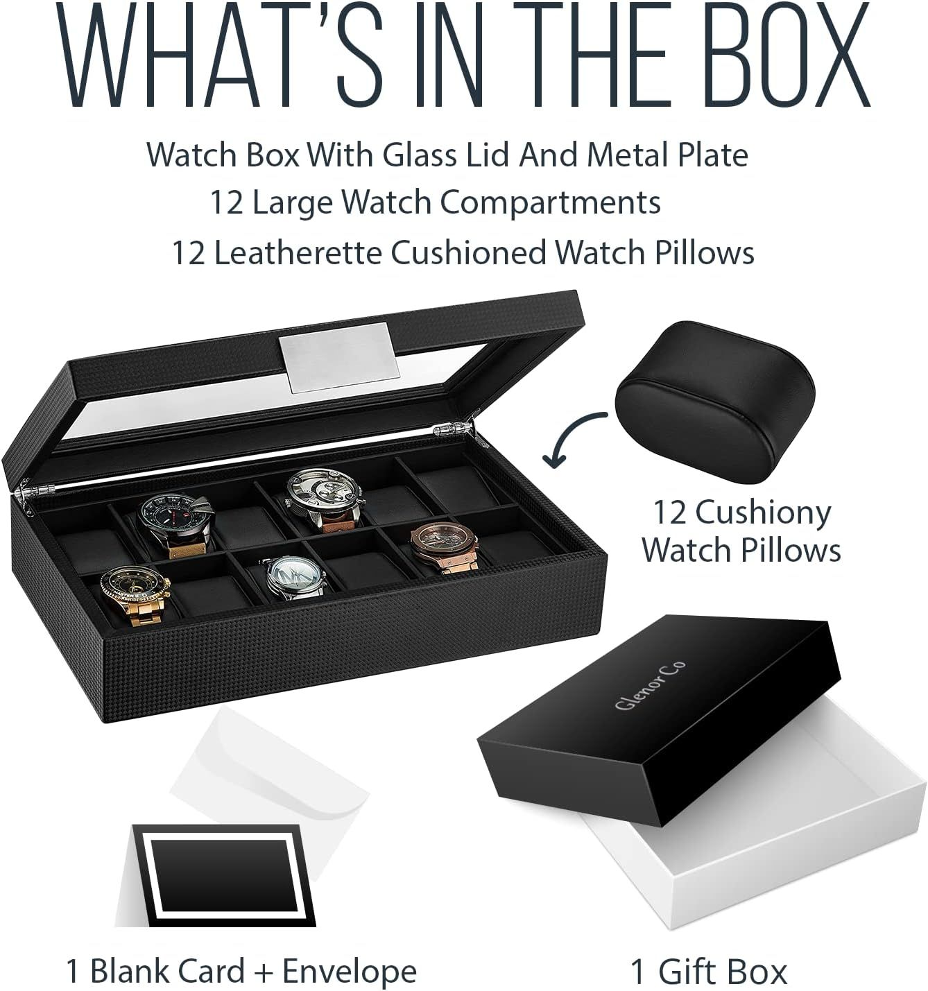 Glenor Co Watch Box for Men - 12 Slot Luxurious & Masculine Carbon Fiber  Textured Watch Case, Sturdy Hinges, Large Watch Holder, Glass Top Watch