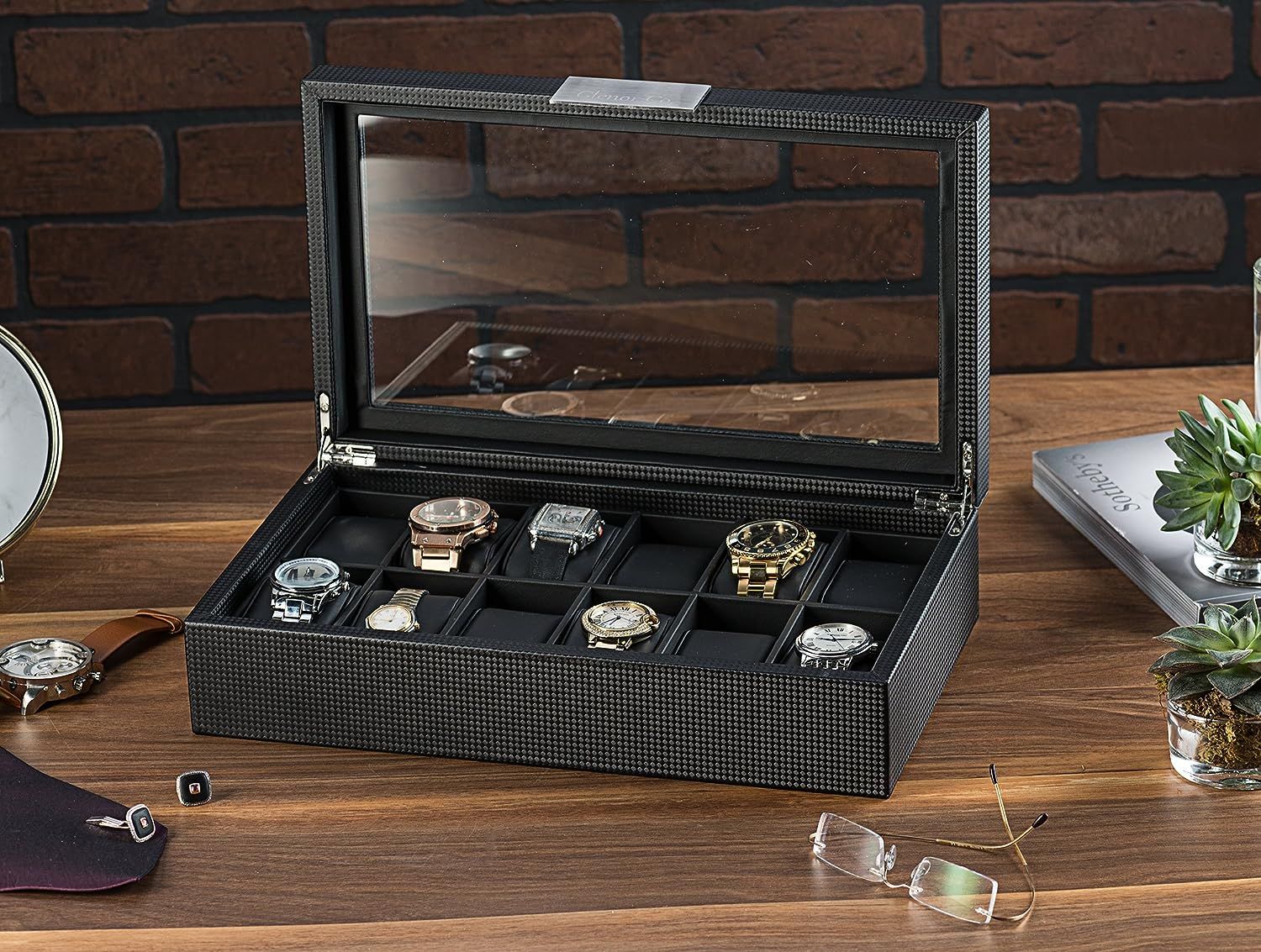 Glenor Co Watch Box for Men 12 Slot Luxurious Masculine Carbon