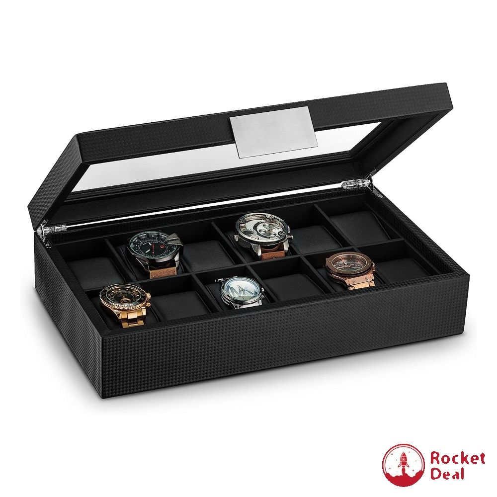 Glenor Co Watch Box for Men 12 Slot Luxurious Masculine Carbon Fiber Textured Watch Case Sturdy Hinges Large Watch Holder Glass Top Watch