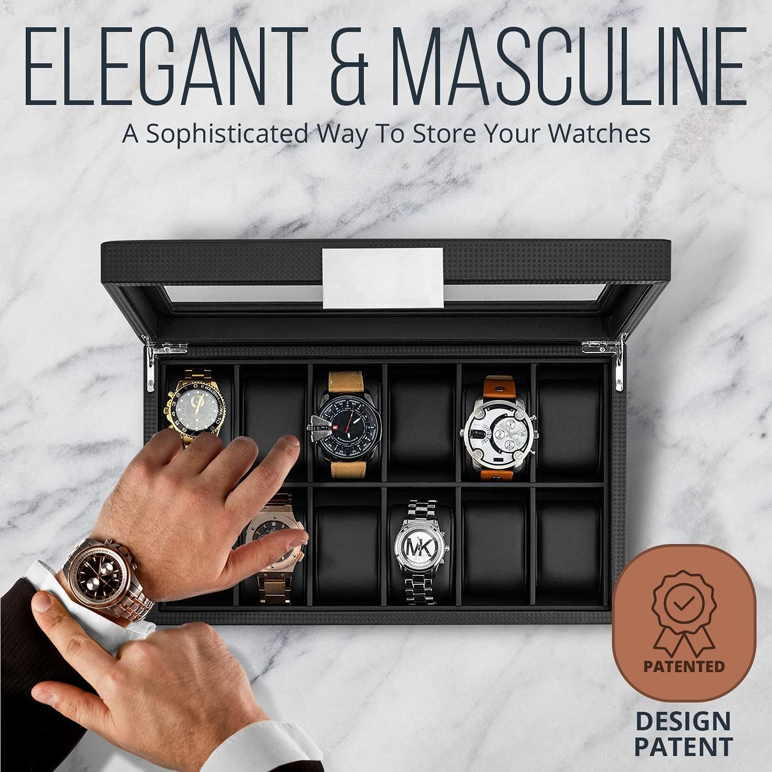Glenor Co Watch Box for Men 12 Slot Luxurious Masculine Carbon