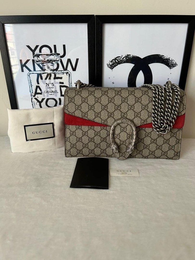 Gucci Dionysus Small Supreme Bag (Category: Luxury Bags & Wallets) located in Manila. Submitted by bagislifeshop (Listing ID 1253596968, Image 1). Description: ☑️Available in Pampanga ✅Condition: 8.5/10 ✅Size: 11”W x 7”H x 3.5”D ✅Material: Beige/ebony GG Supreme canvas, with red suede detail, antique silver-toned hardware ✅Inclusions: Dustbag .