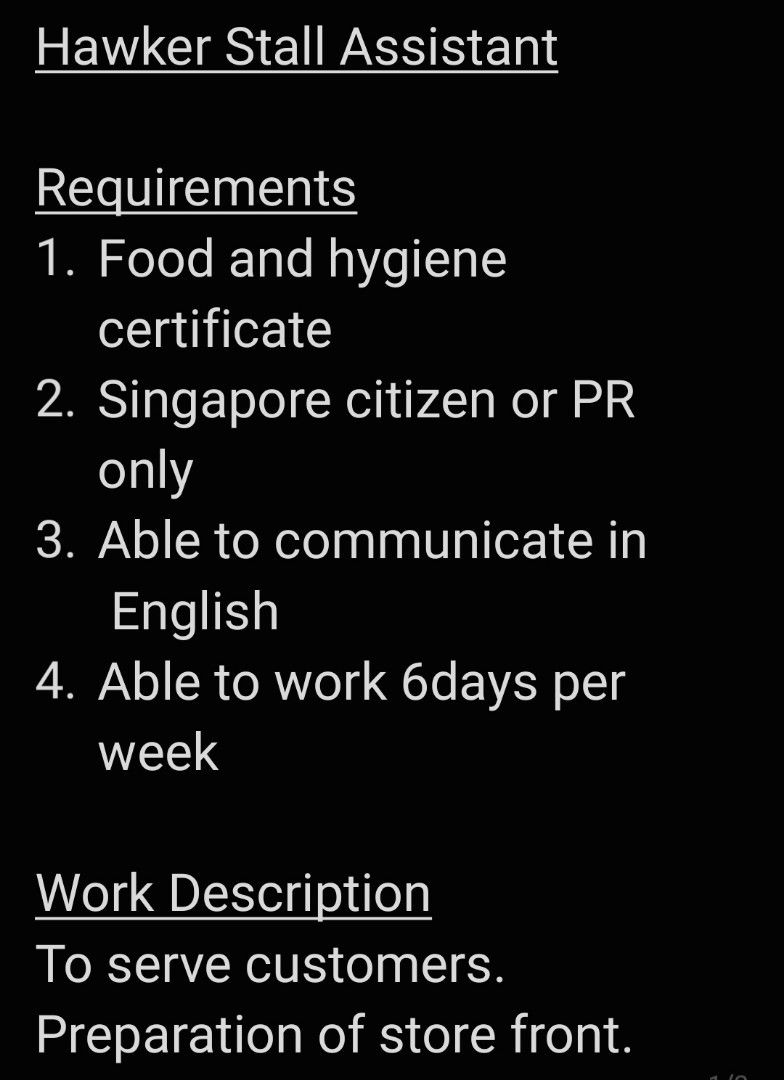 Hawker Stall Assistant(Chinese cuisine), Jobs, Hospitality, F&B on