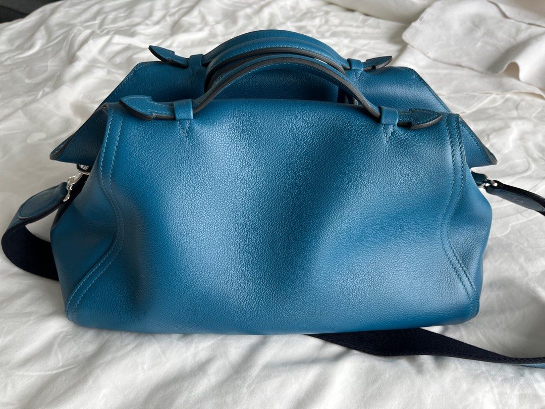 Hermes PHW Oxer Shoulder Bag Handbag Evercolor Leather Blue Colvert Blue