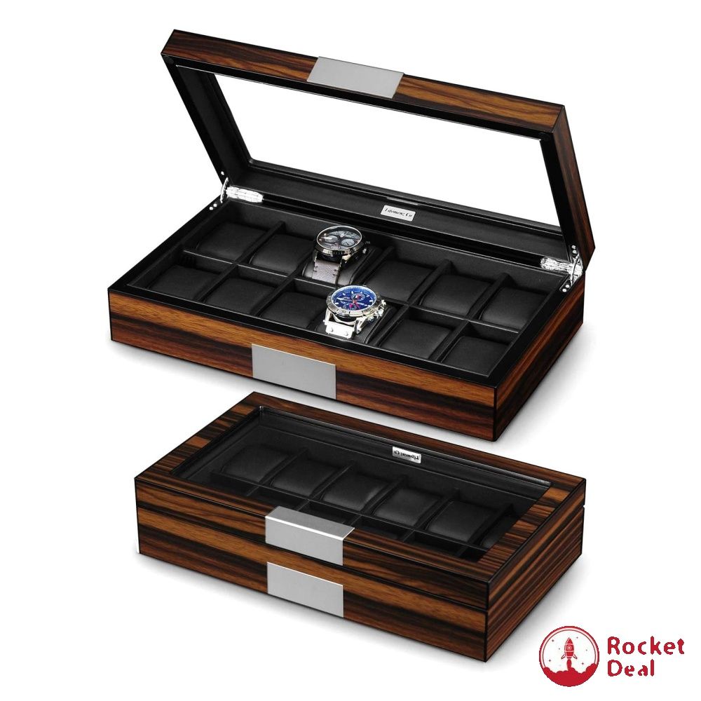 Lifomenz Co 12 Watch Box for Men Watch Display Case Wood Luxury Watch Box with Large Glass Window Watch Organizer Box with Ultra Smooth PU Leather Interior Men s Fashion Watches Accessories Accessory