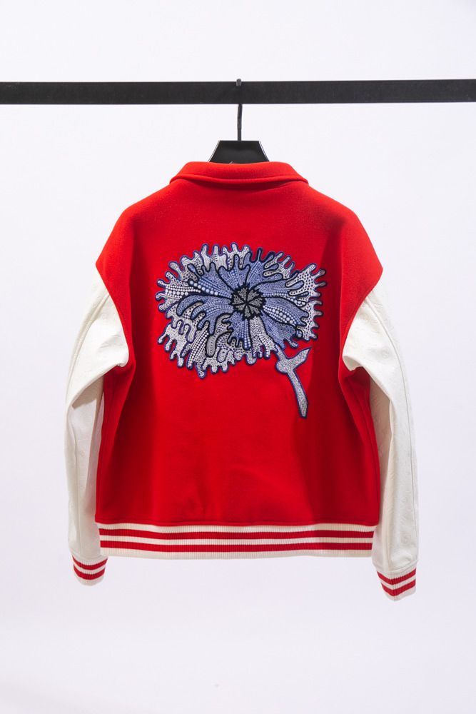 Louis Vuitton LV x YK Psychedelic Flower Embroidered Varsity Blouson Red. Size 58