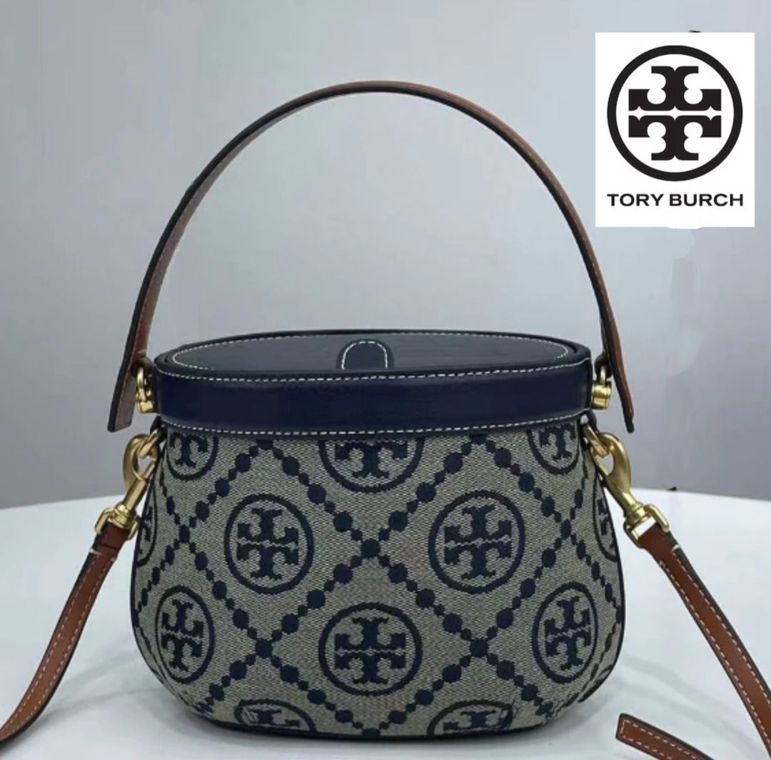 New Tory Burch Original Navy Blue Canteen Bag With Monogram T In Embroidered Raffia Crossbody Top Handle Bag For Women Come With Complete Set Suitable