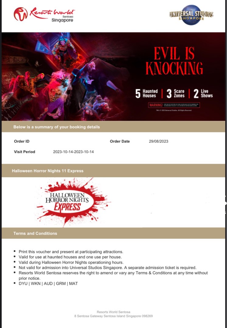 One 14 Oct USS Halloween Horror Night Express Ticket, Tickets