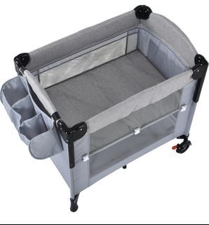 OSJ Baby Bed, Playpen, Foldable, Co-Sleeping Bed, Diaper Changing Table, Playard, Adjustable Side Height, Nap Mat, Carrying Bag, With Casters, Gray