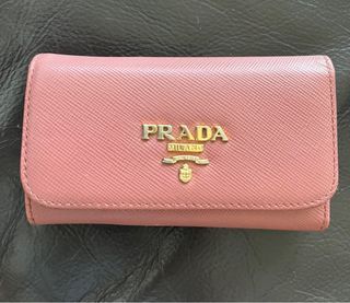 PRADA key holder Saffiano six hooks Keychain Card Case Gold Blue