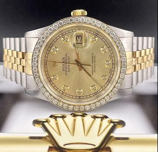 Rolex Mens Datejust 36mm 18k Yellow Gold & Steel ICED 1.75ct Diamonds Gold Dial