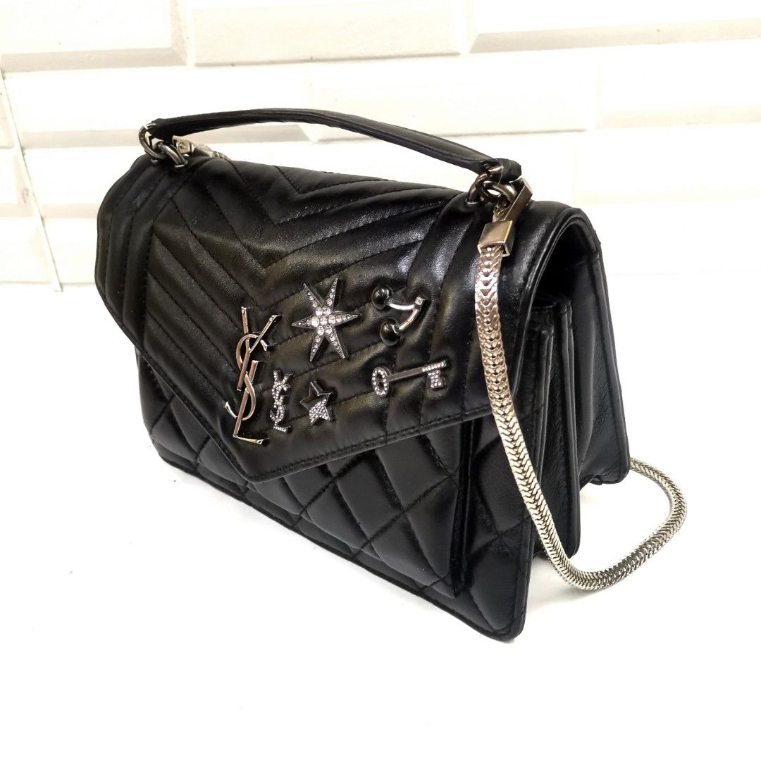 SAINT LAURENT Calfskin Y Quilted Monogram Small Charm Loulou Chain Satchel Black
