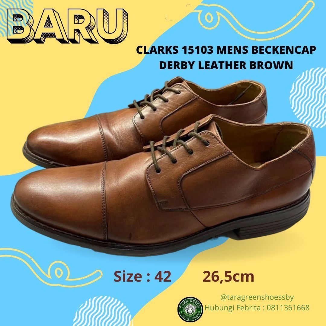 Sepatu Clarks Mens BeckenCap Derby Leather Brown 15103 Size 42