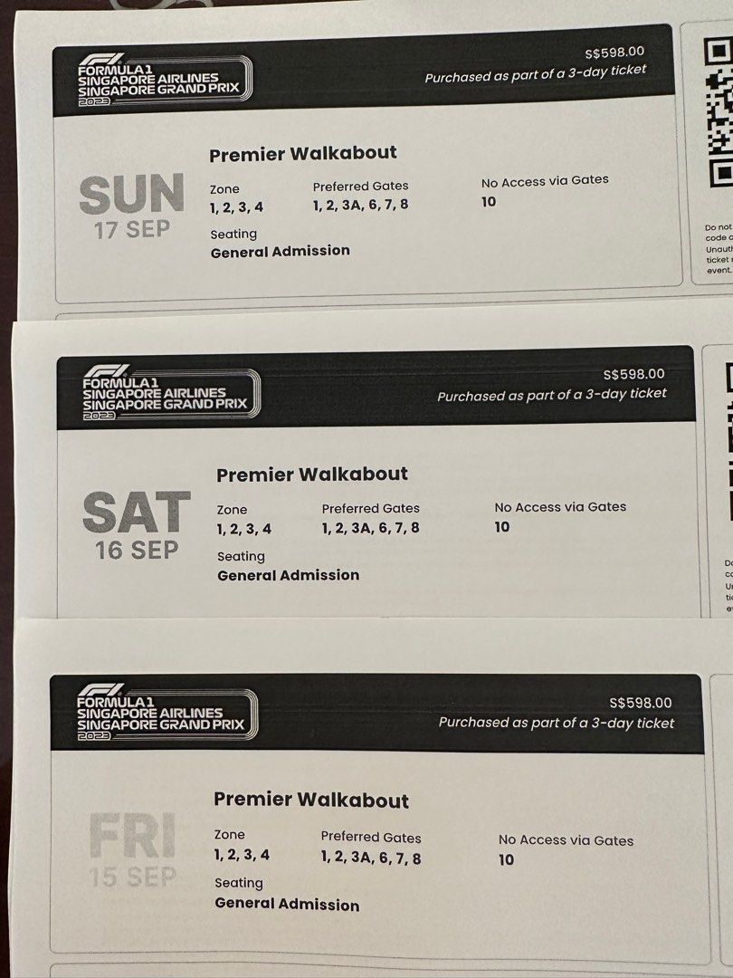 Gp Tickets Singapore F1 Grandprix 3-day Premier Walkabout Ticket, Tickets ...