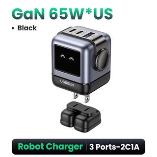 UGREEN RoboGaN 65W USB C USB A Charger Mini Robot Nexode 3 Ports GaN Fast Charger for iPhone 14/14 Pro Max/Macbook Air/iPad Pro/iPad Mini