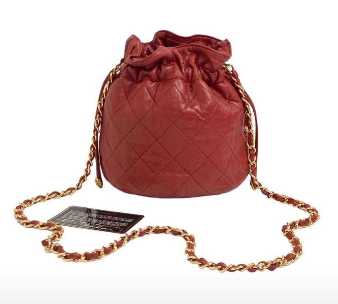 VINTAGE - Chanel Red Lambskin Drawstring Bucket Bag GHW #0 size 17