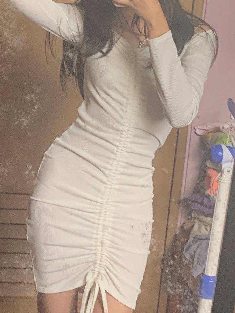 White ruched long sleeve dress outlet
