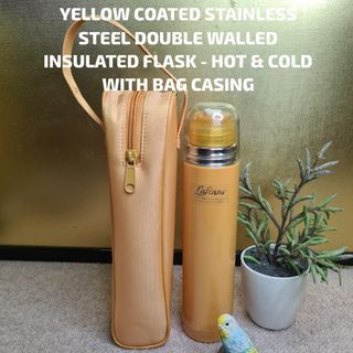 YELLOW COATED STAINLESS STEEL DOUBLE WALLED INSULATED FLASK - HOT & COLD WITH BAG CASING