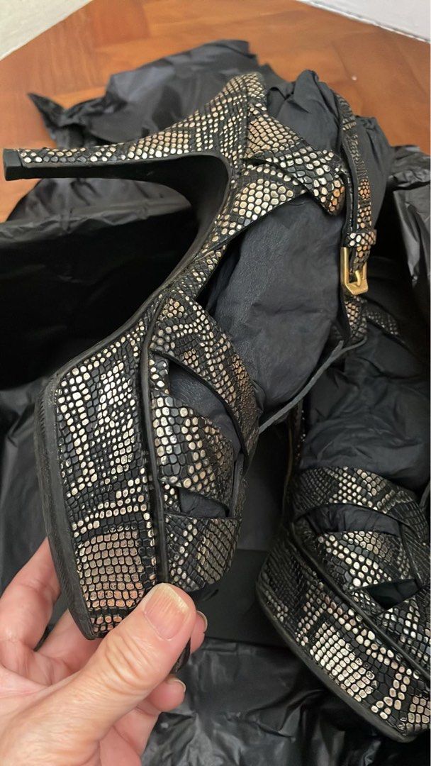 YSL Tribute heels size 36 (Category: Heels) located in Singapore. Submitted by jamiexwx (Listing ID 1253557587, Image 2). Description: Authentic YSL Tribute heels size 36. Snakeskin print. No defects like new. With box and shoe bag..