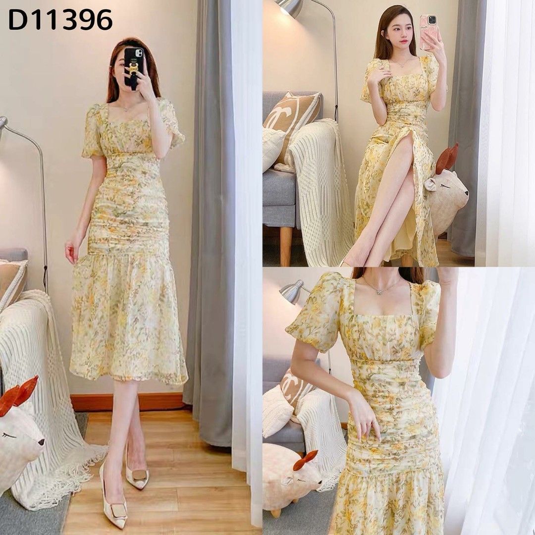 100% IMPORT Kode : #D11396 1 warna Yolanda Yellow Floral Mermaid Dress,  Fesyen Wanita, Pakaian Wanita, Gaun u0026 Rok di Carousell