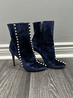 AQUAZZURA Blue Suede Designer Boot Heels with Pearl Detail
