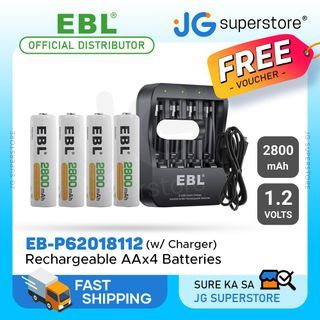 EBL EB-P62018112 Pack of 4 1.2V AA 2800mAh NiMH Nickel Metal Hydride Rechargeable Batteries with Fast Charging AA/AAA 2-Hour USB-C / Micro USB Quick Battery Charger | JG Superstore