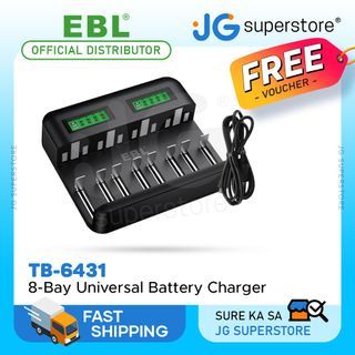 EBL TB-6431 8-Bay Universal Battery Charger with LCD Status Display, Independently Controlled Quick Charging Slots, and Built-In Overcharge Protection for AA AAA C D Rechargeable Batteries | JG Superstore