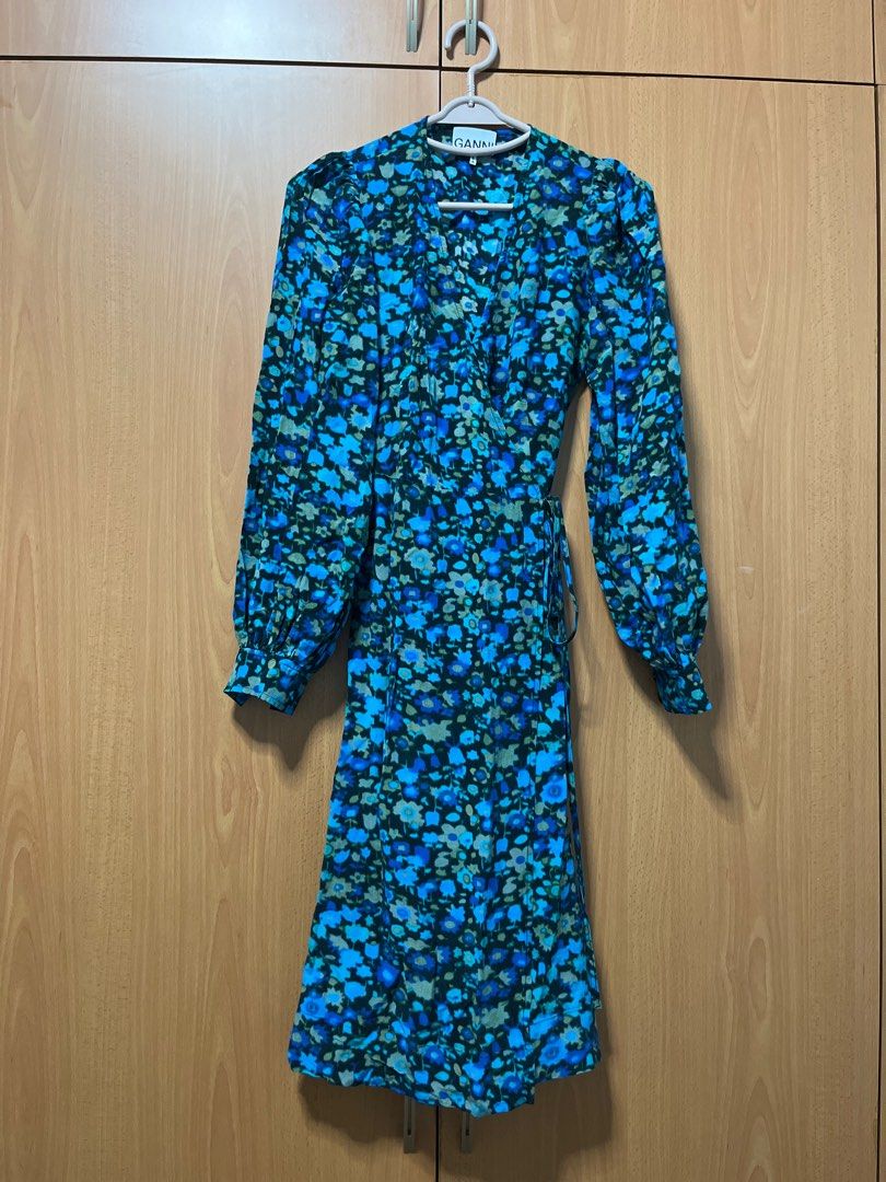 Ganni printed outlet mesh wrap dress