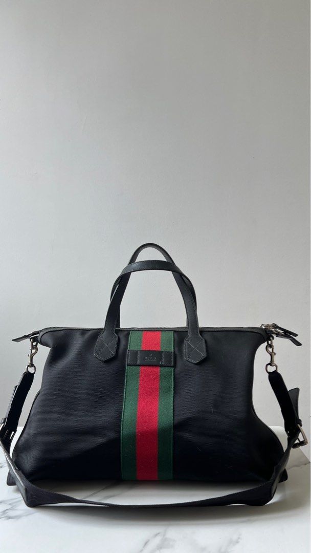 Authentic Gucci Black Canvas Web Stripe Large Tote Handbag