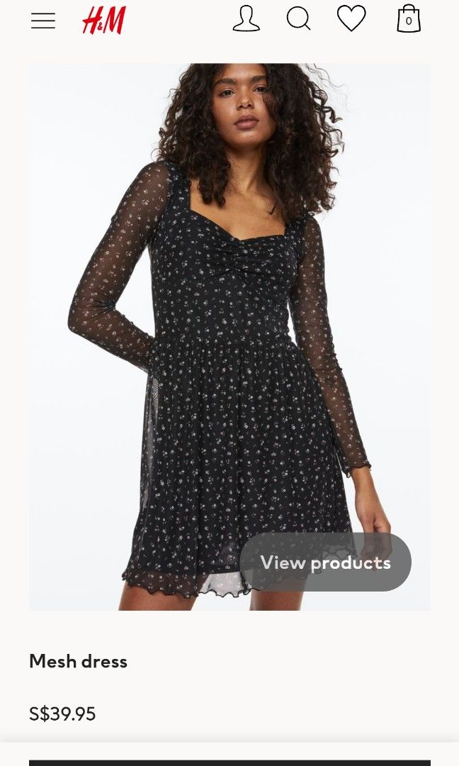 H M mesh floral mini short ditsy black long sleeves sweetheart