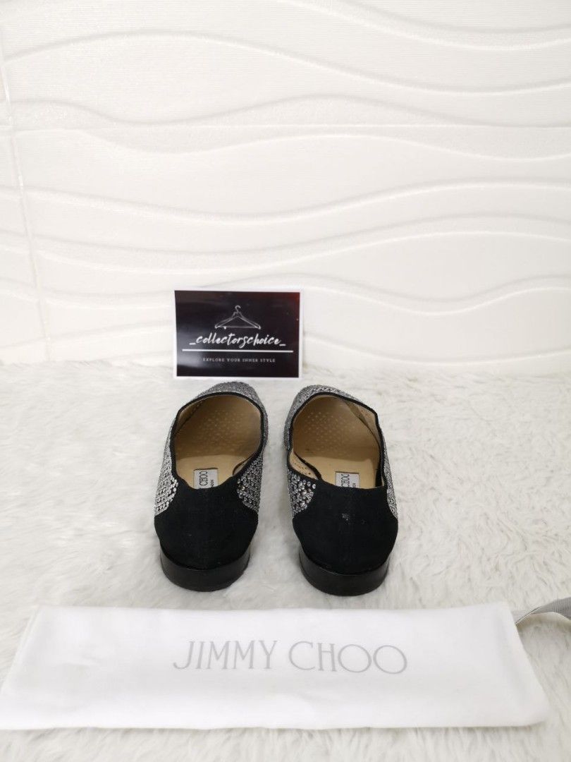Jimmy Choo Jaida Flat Black Diamond Perforated Suede Square Toe Loafers with Crystal Hotfix