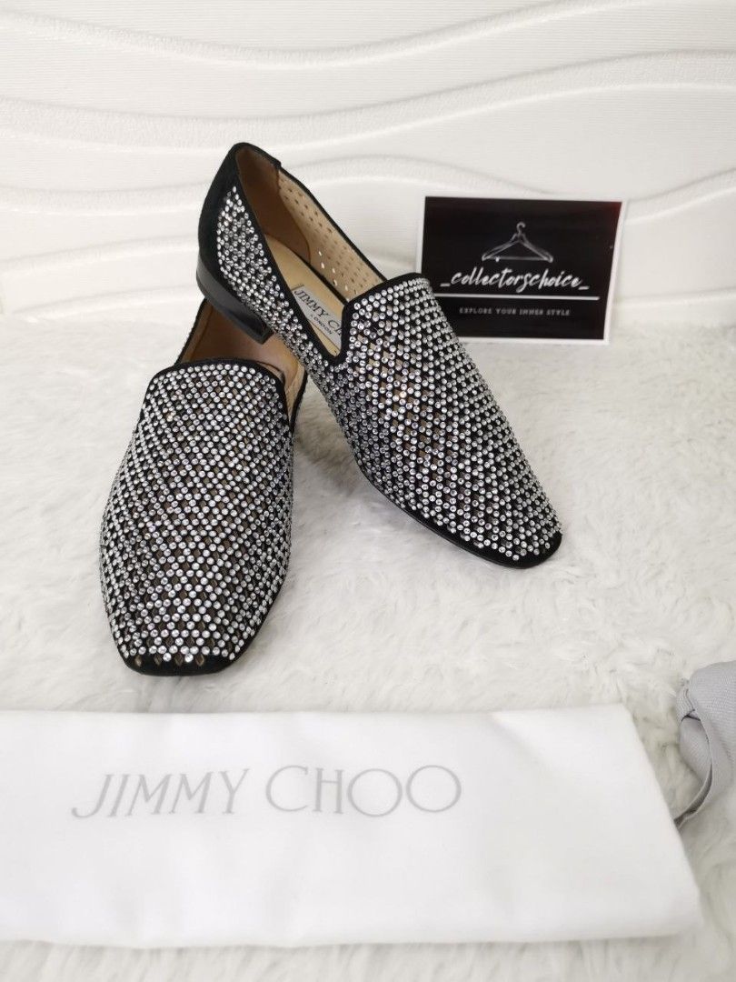 Jimmy Choo Jaida Flat Black Diamond Perforated Suede Square Toe Loafers with Crystal Hotfix