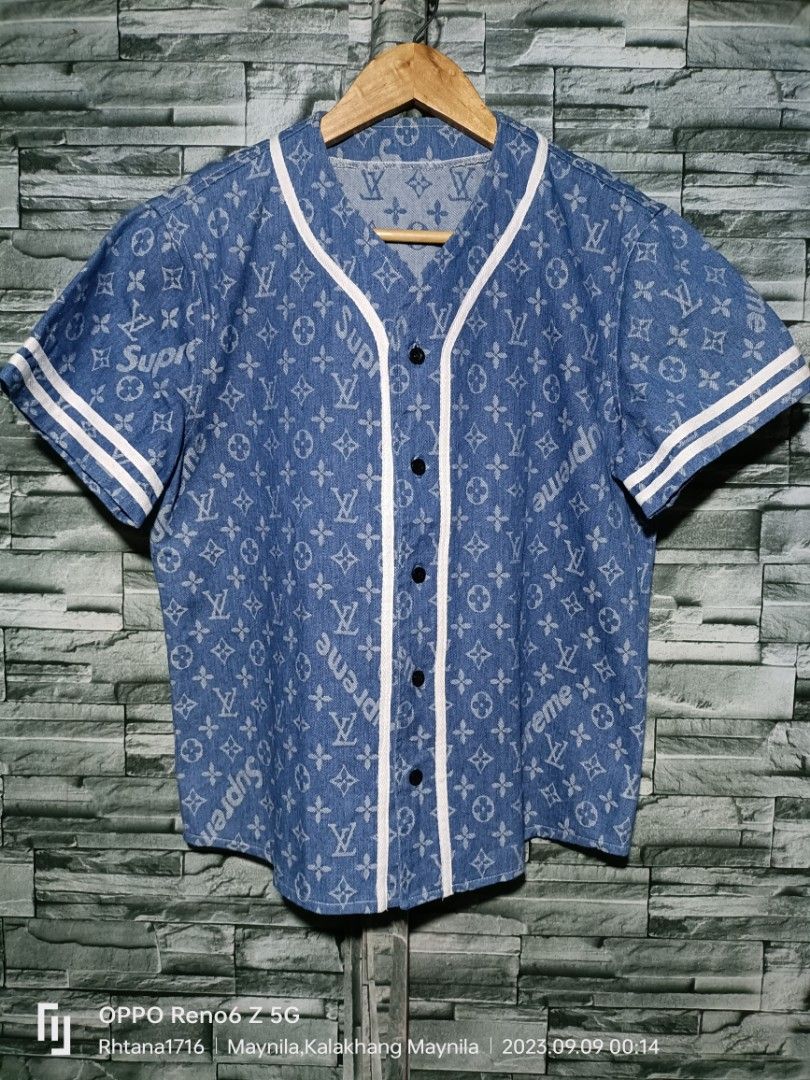 Louis Vuitton x Supreme Jacquard Denim Baseball Jersey Blue
