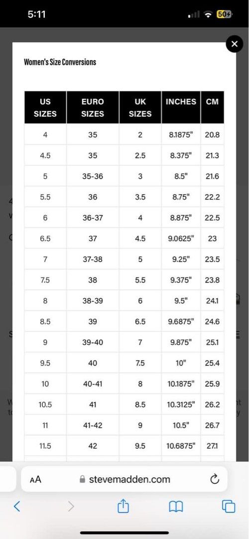 Madden girl clearance shoe size chart