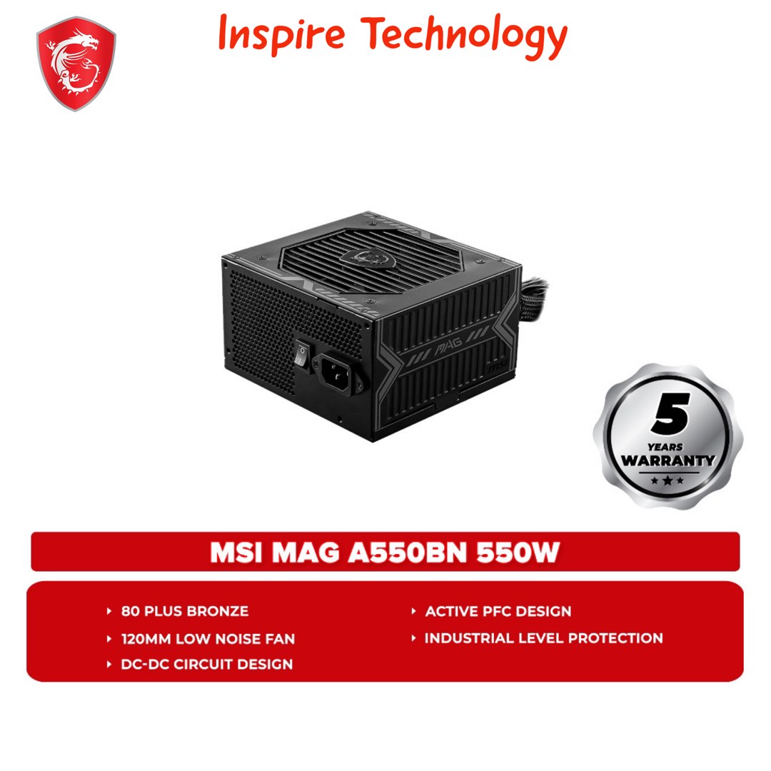 MSI MAG A550BN 550W Power Supply - 80 Plus Bronze, Low Noise Fan, 550W PSU