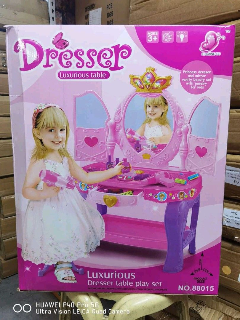Princess dresser and mirror vanity table with jewelry for kids