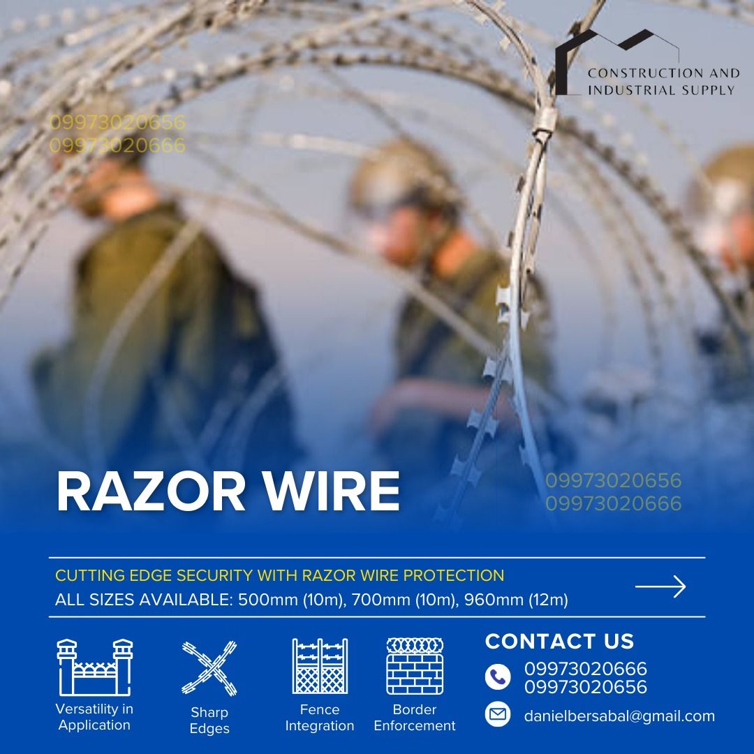 Razor Wire | Barbed Wire | Security Fencing | Perimeter Security | High Security | Safety Barrier | Border Protection | Security Measures | Safety First (Category: Construction & Building Materials) located in Manila. Submitted by daniel_rb.business (Listing ID 1253763708, Image 1). Description: Razor wire, also called barbed tape or concertina wire, is a security fencing material. It features sharp-edged metal strips or wires attached to a centr