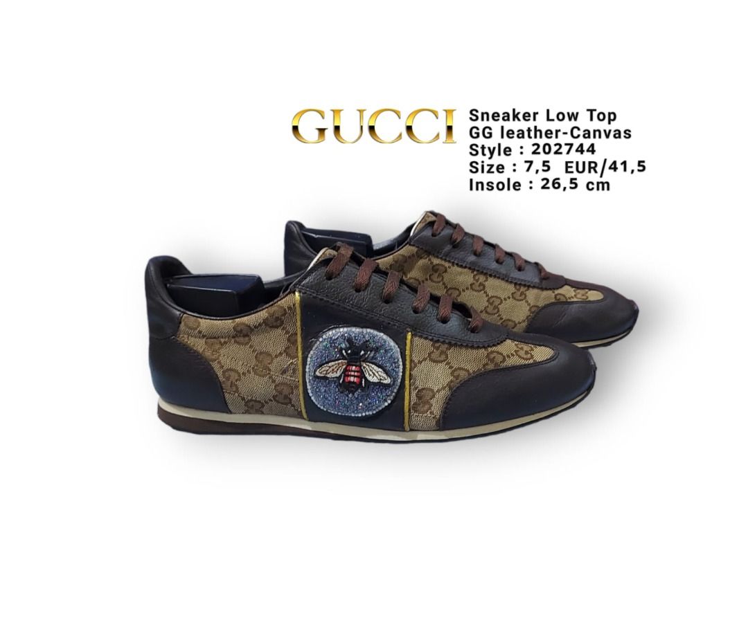 Sepatu Gucci Brown Beige Leather And GG Canvas Low Top Sneaker 202744 size 41 5