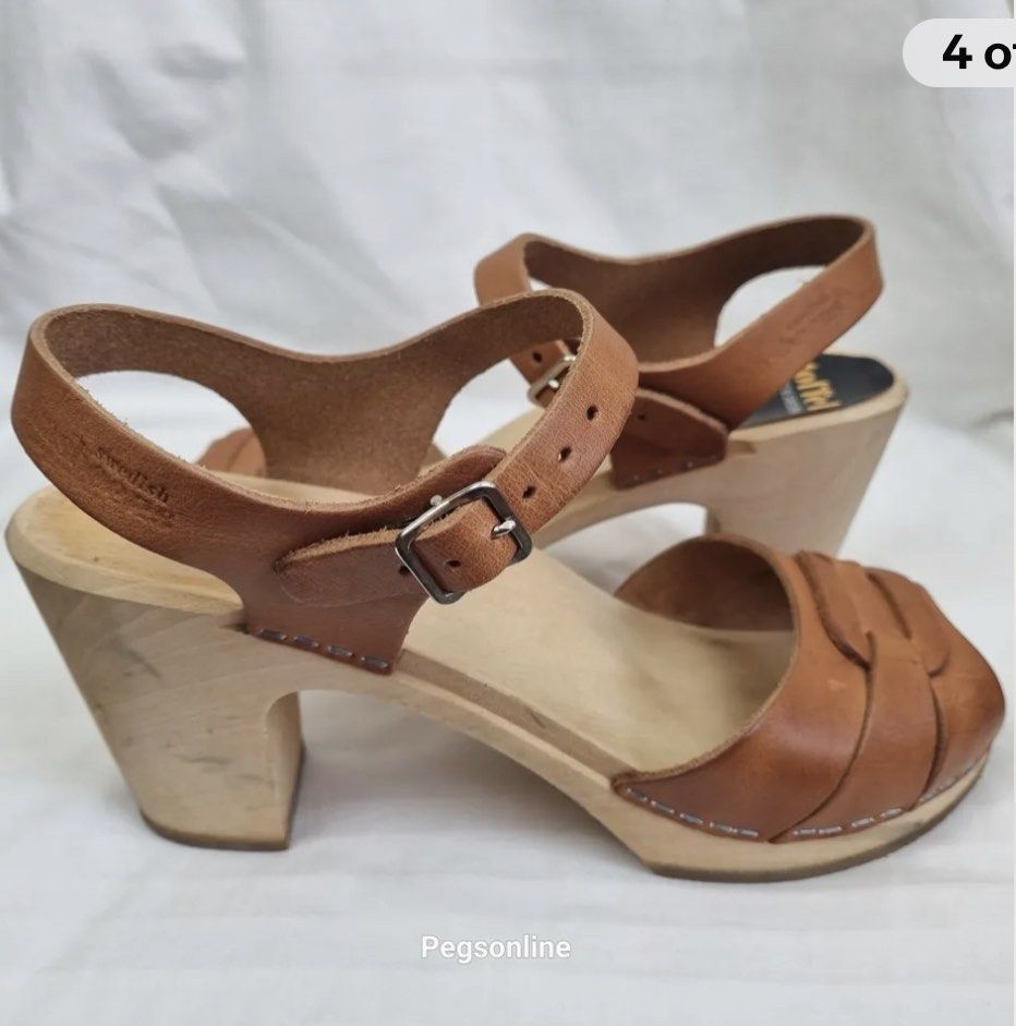 Swedish hasbeens toffel Nailed in Sweden heeled peep toe clogs with leather straps Size EU 39 UK 6