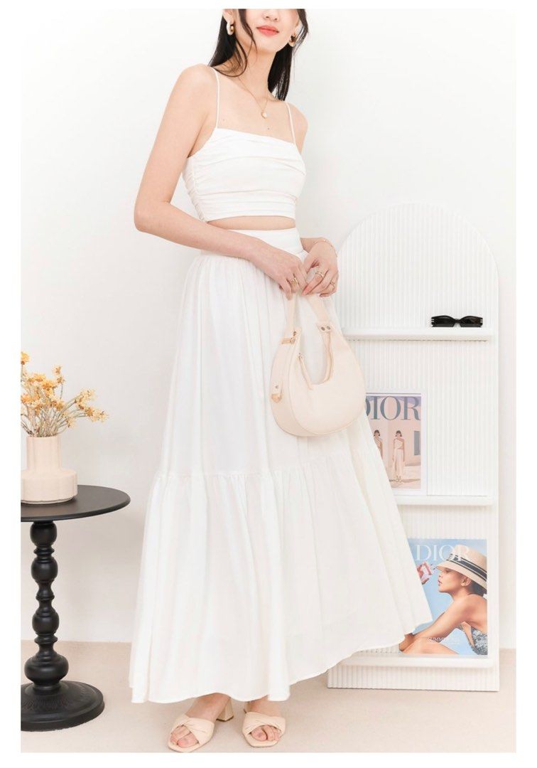 knee length dresses for ladies Angelic Chaos White Tiered Maxi Dress | Ruffle Tiered Cami Maxi