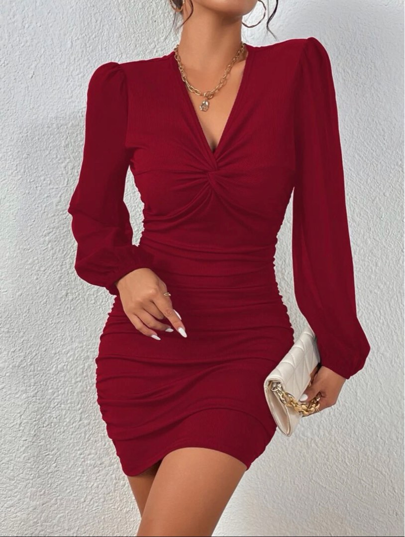 Twist Front Ruched Bodycon Dress in Burgundy, Women's Fashion, Dresses u0026  Sets, Dresses on Carousell