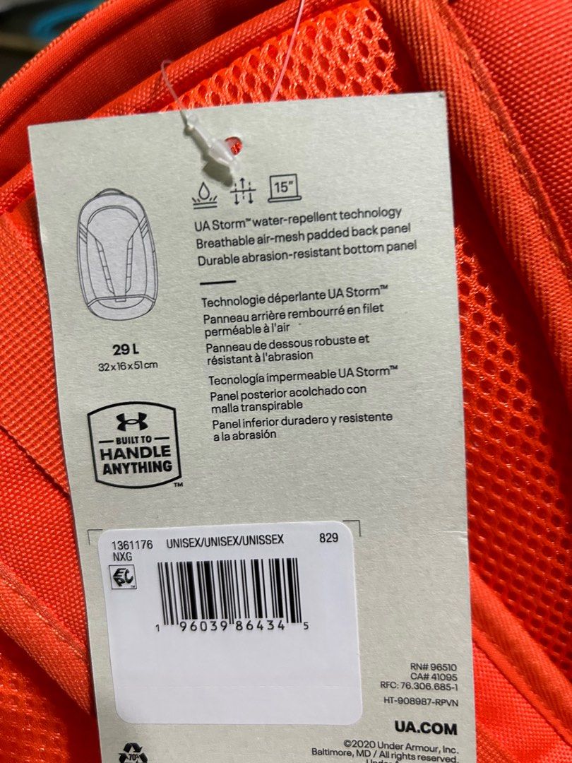 Under Armour Hustle 5.0 Storm Backpack (Category: Backpacks) located in Manila. Submitted by dancco (Listing ID 1253848377, Image 2). Description: never used, still with tags orange color Storm water resistant technology with shoe/laundry compartment.
