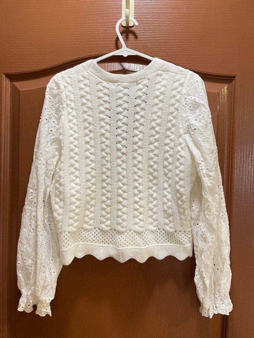 White cardigan with lace sleeve Women s Fashion Coats Jackets