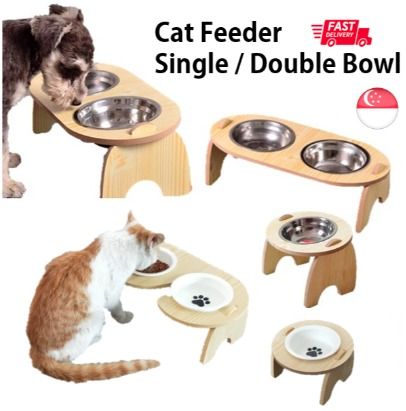 Wooden Bowl Raised Elevated Feeder Nordic Cat Dog Pets Feeders