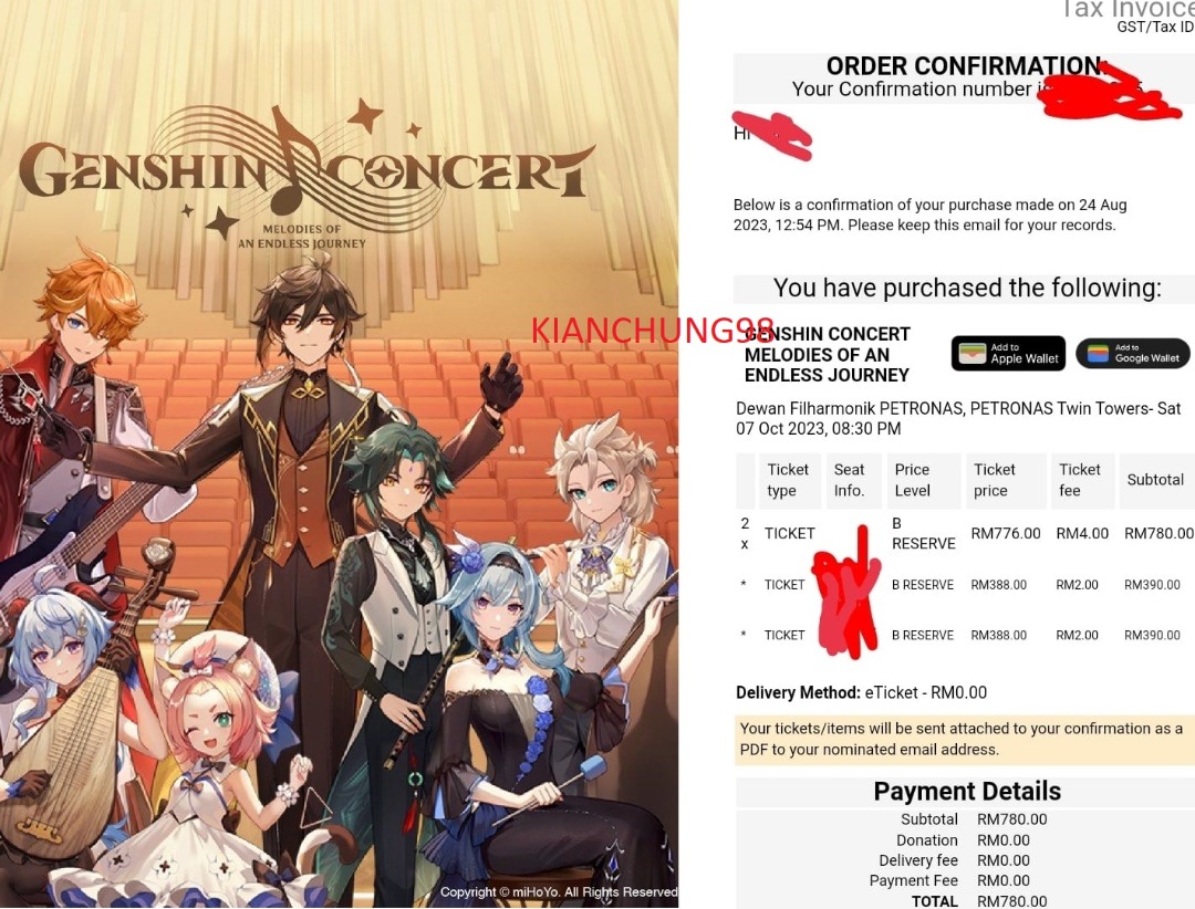 [WTS] Genshin Concert Malaysia 2 Seats Side By Side, Tickets & Vouchers