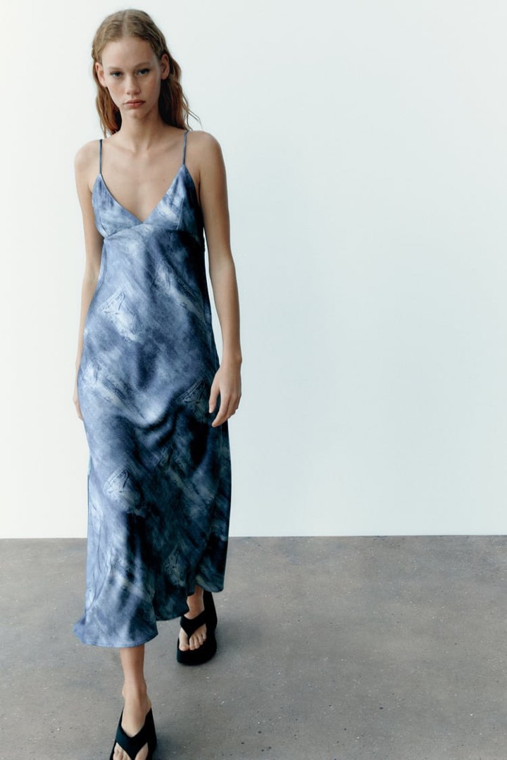 ZARA Denim Satin Printed Dress, Women's Fashion, Dresses & Sets