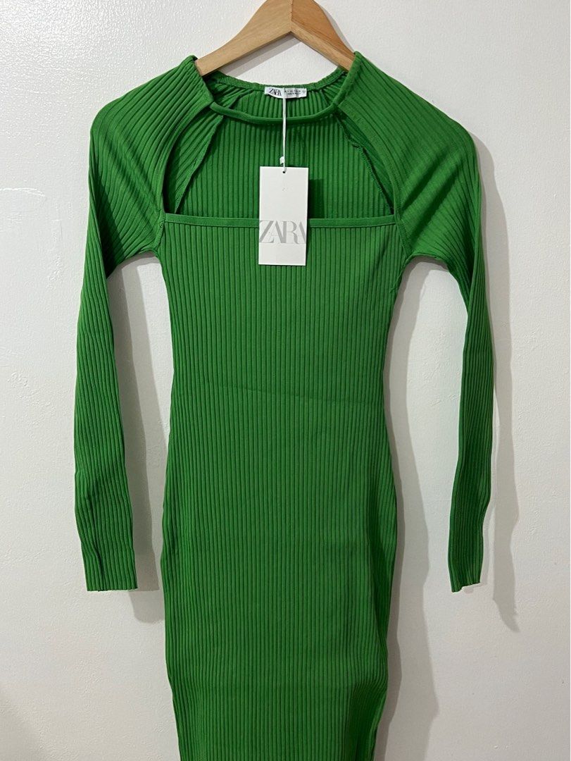 Zara RIBBED ARM WARMER MIDI DRESS Intense Green, Women's Fashion