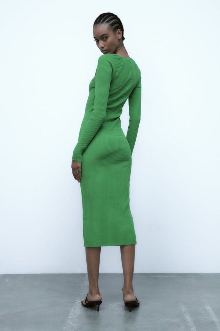Zara RIBBED ARM WARMER MIDI DRESS Intense Green, Women's Fashion