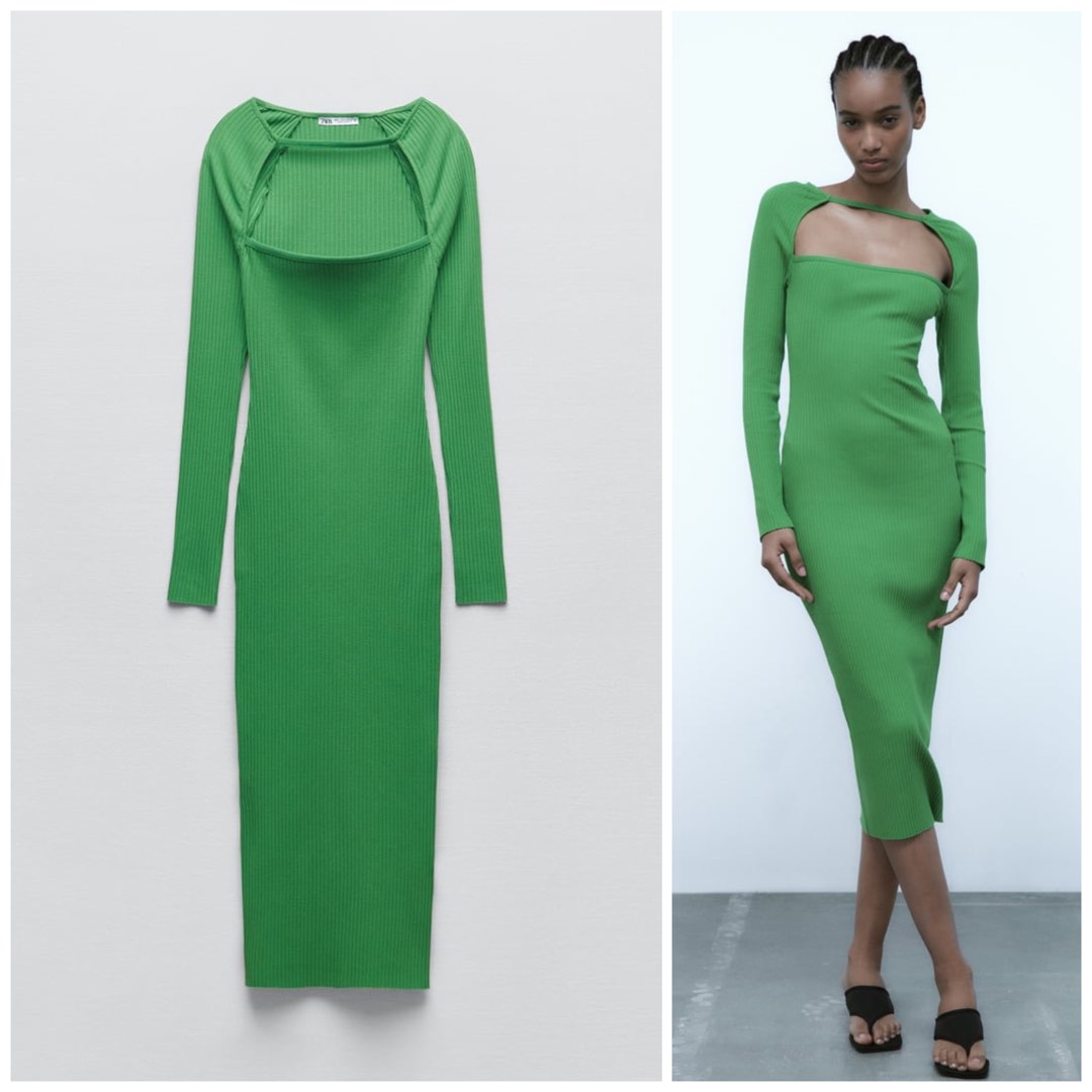 Zara RIBBED ARM WARMER MIDI DRESS Intense Green, Women's Fashion