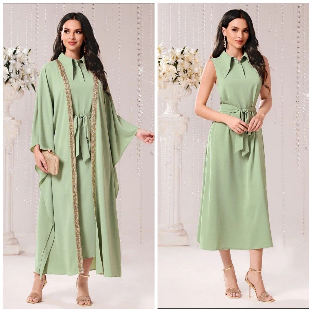 2in1 Dress Sleeveless Belted Dress Open Front Long Cardigan Coat Set Coords Green Dress Rare Women s Fashion Dresses Sets Dresses on Carousell