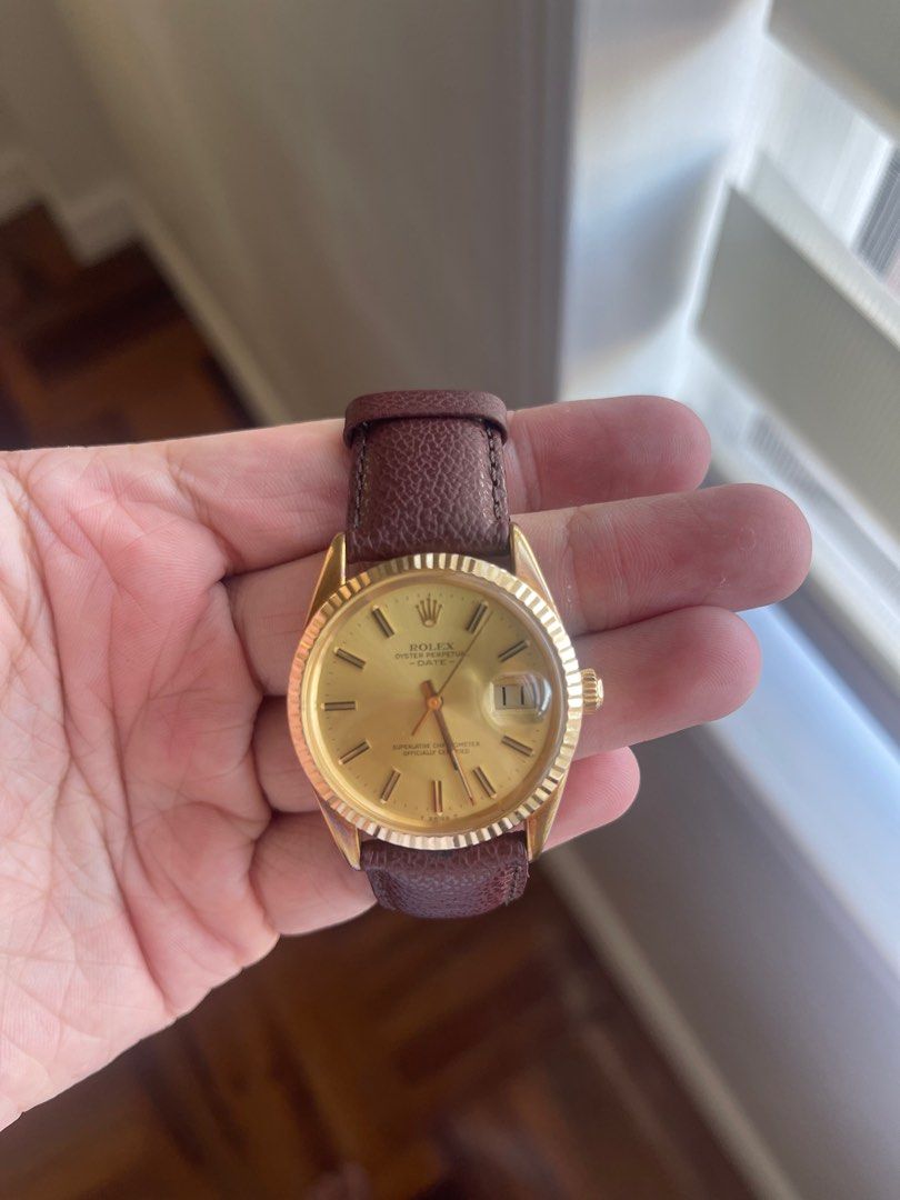 34 mm 18k Solid Gold Rolex Date Just (Category: Luxury Watches) located in Quezon City. Submitted by see_14 (Listing ID 1275690707, Image 1). Description: - watch only - back case has been replaced with stainless steel - strap has been replaced with genuine leather strap from asprey - has few scratches but adds to its overall appeal - slightly negotiable - can be for both men and women.